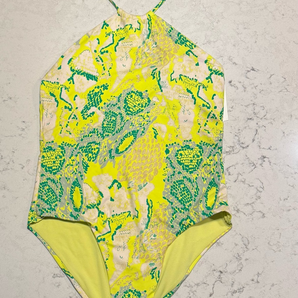NWT-Women’s Vero Moda Halterneck One-Piece Swimsuit Lime Snake Print Size XL - Picture 4 of 10